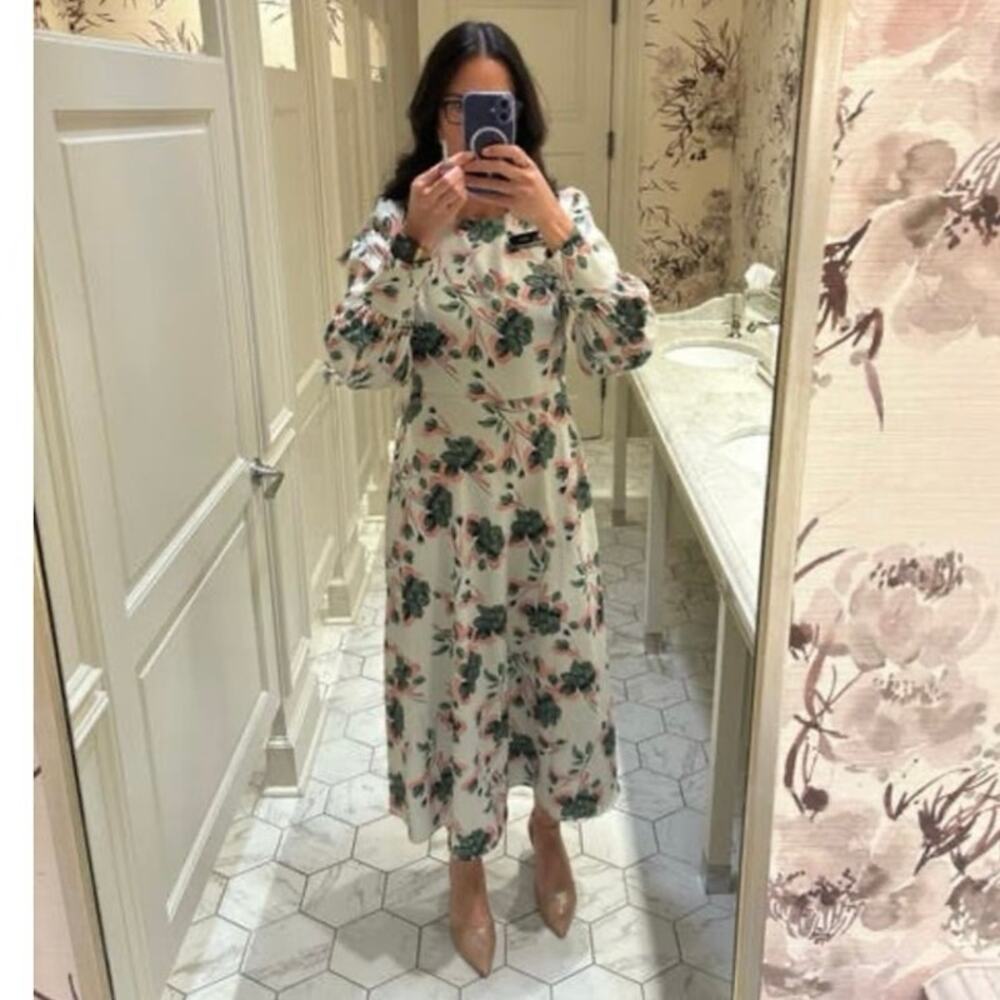 ALEXIA ADMOR Off-White Green Floral Sophie Cinched Waist Flowy Dress size 10 - Picture 10 of 16